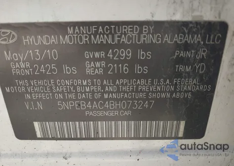 2011 Hyundai Sonata Gls from USA, damaged, VIN 5NPEB4AC4BH073247